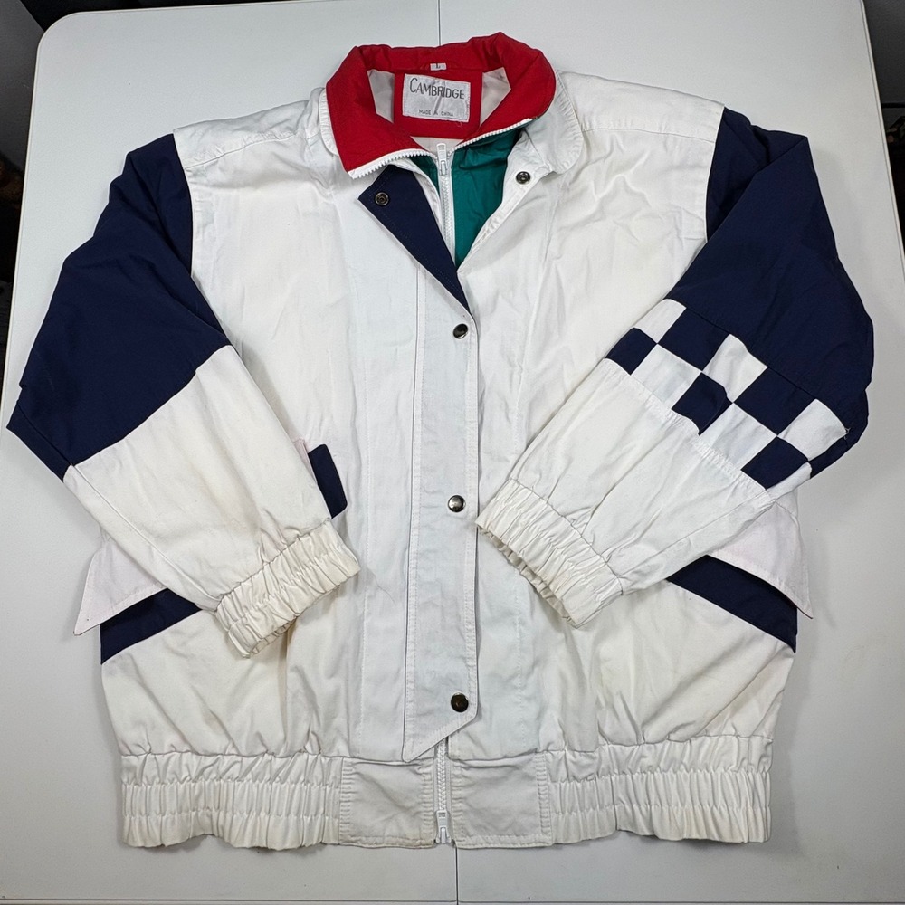 Vintage‎ Colorblock Windbreaker Jacket Mens L White Navy Teal 90s